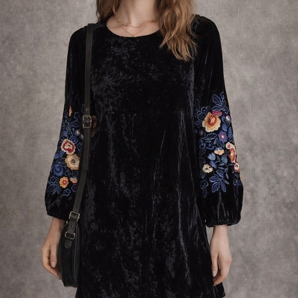 Anthro Seen Worn Kept Black Velvet Floral Embroidered Sleeve Dress Boho US 4